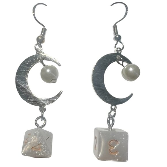 Pearl White Dungeon & Dragons Dice with Silver Moon Dangling Earrings - Picture 2 of 4